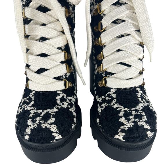 Gucci Tweed GG Monogram Lace Up Combat Ankle Boots - Picture 10 of 15